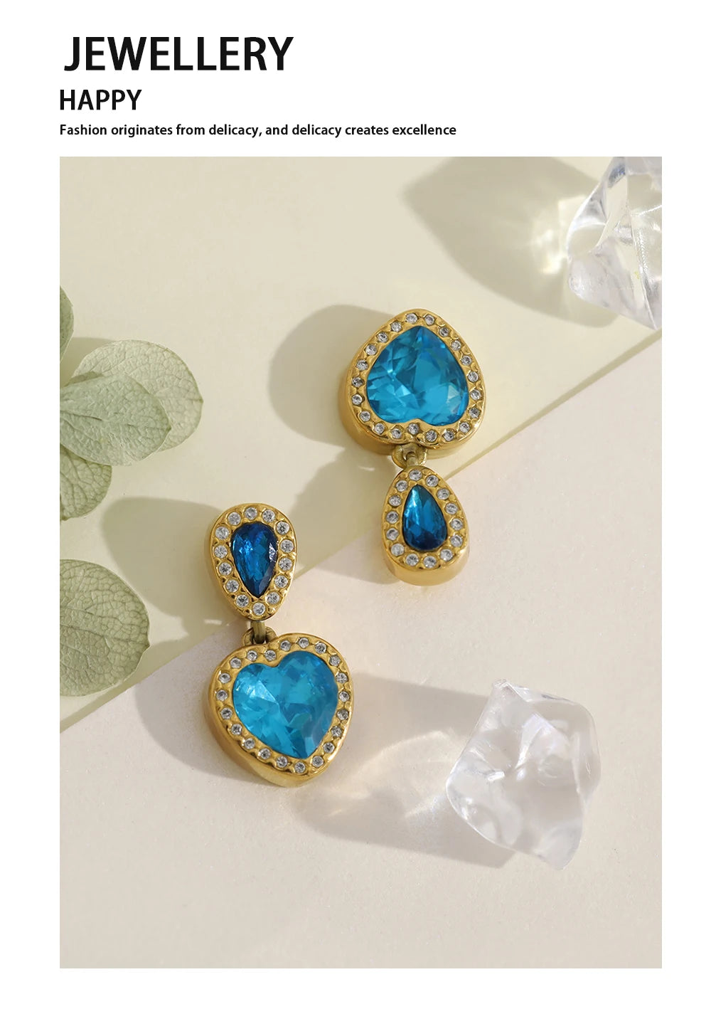 Drop Earrings Vintage Blue Crystal Heart — 316L Stainless Steel · PS466