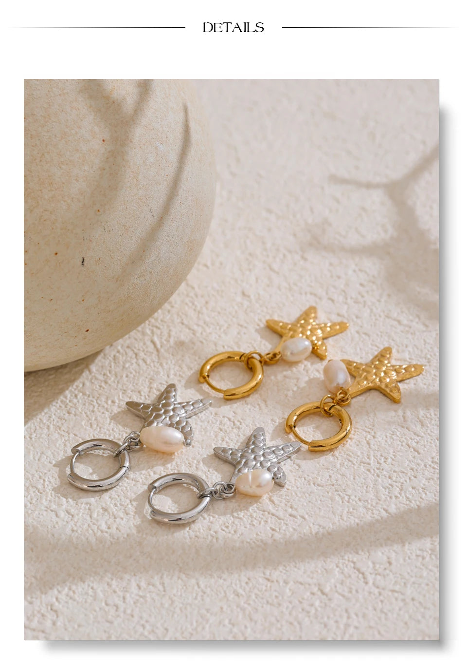 Freshwater pearl shell star earrings in gold-plated stainless steel with freshwater pearl and shell.
