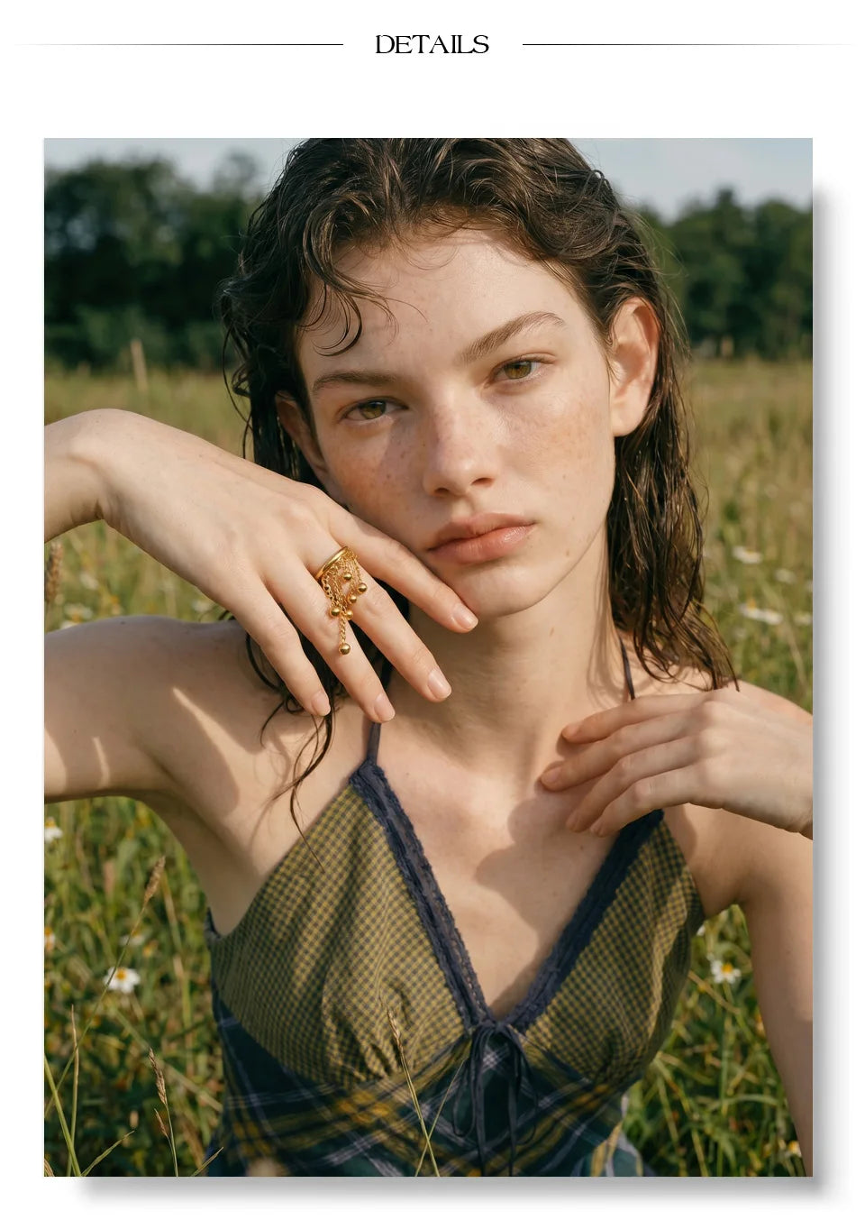 Beaded geometric chain ring in 18K gold-plated stainless steel.