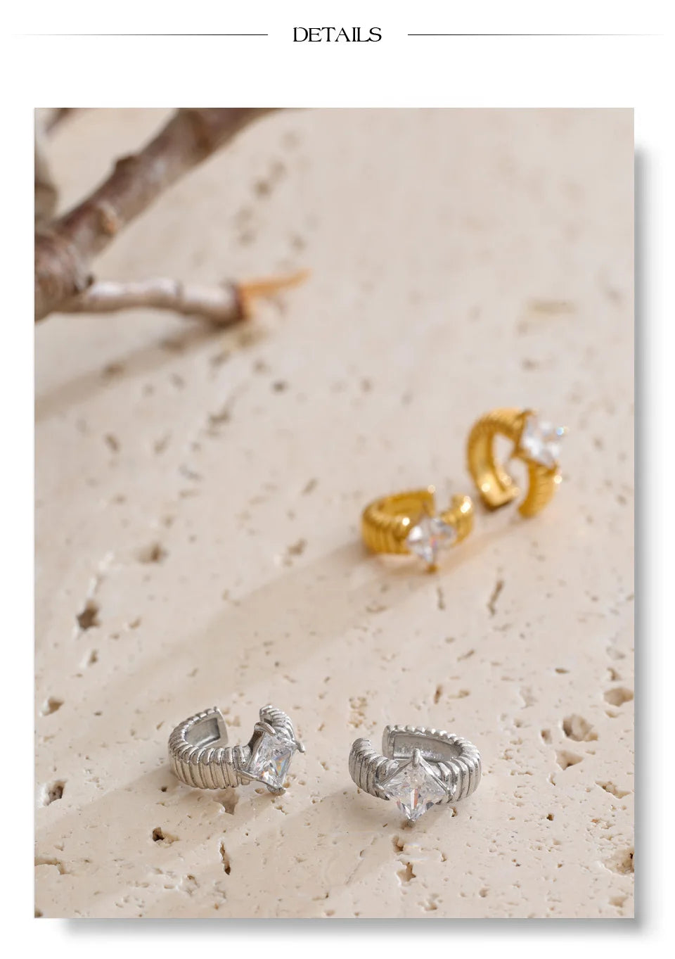Cubic Zirconia Geometric Earrings — Gold-Plated Stainless Steel with Cubic Zirconia · PS1505