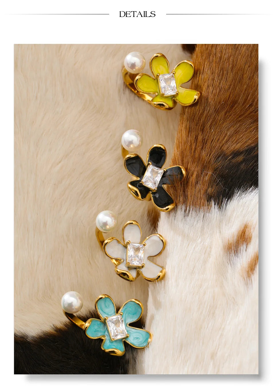 Cubic zirconia enamel flower ring in gold-plated stainless steel with cubic zirconia and enamel.