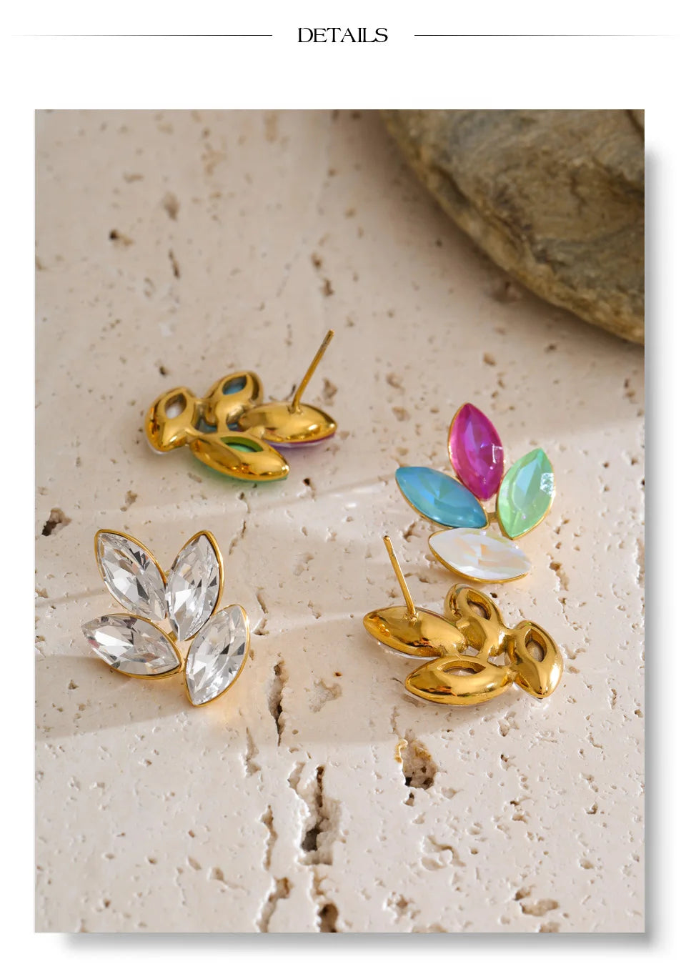 White crystal flower earrings in gold-plated stainless steel with crystal.