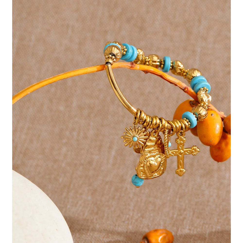 Natural Stone Heart Flower Bracelet — Gold-Plated Stainless Steel with Natural Stone · PS1086