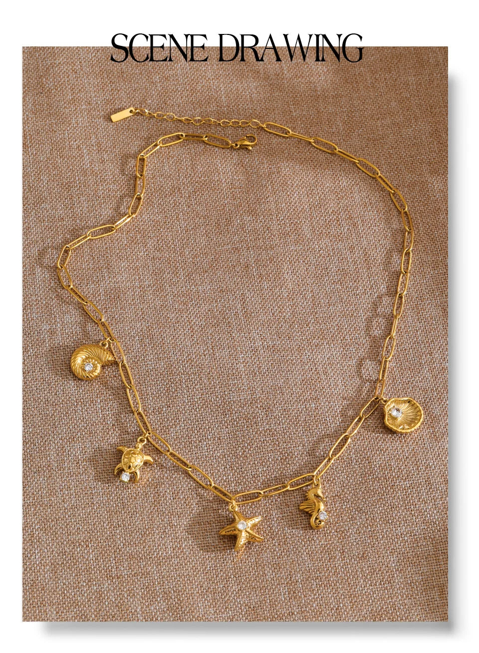 Cubic zirconia shell star necklace in gold-plated stainless steel with cubic zirconia and shell.