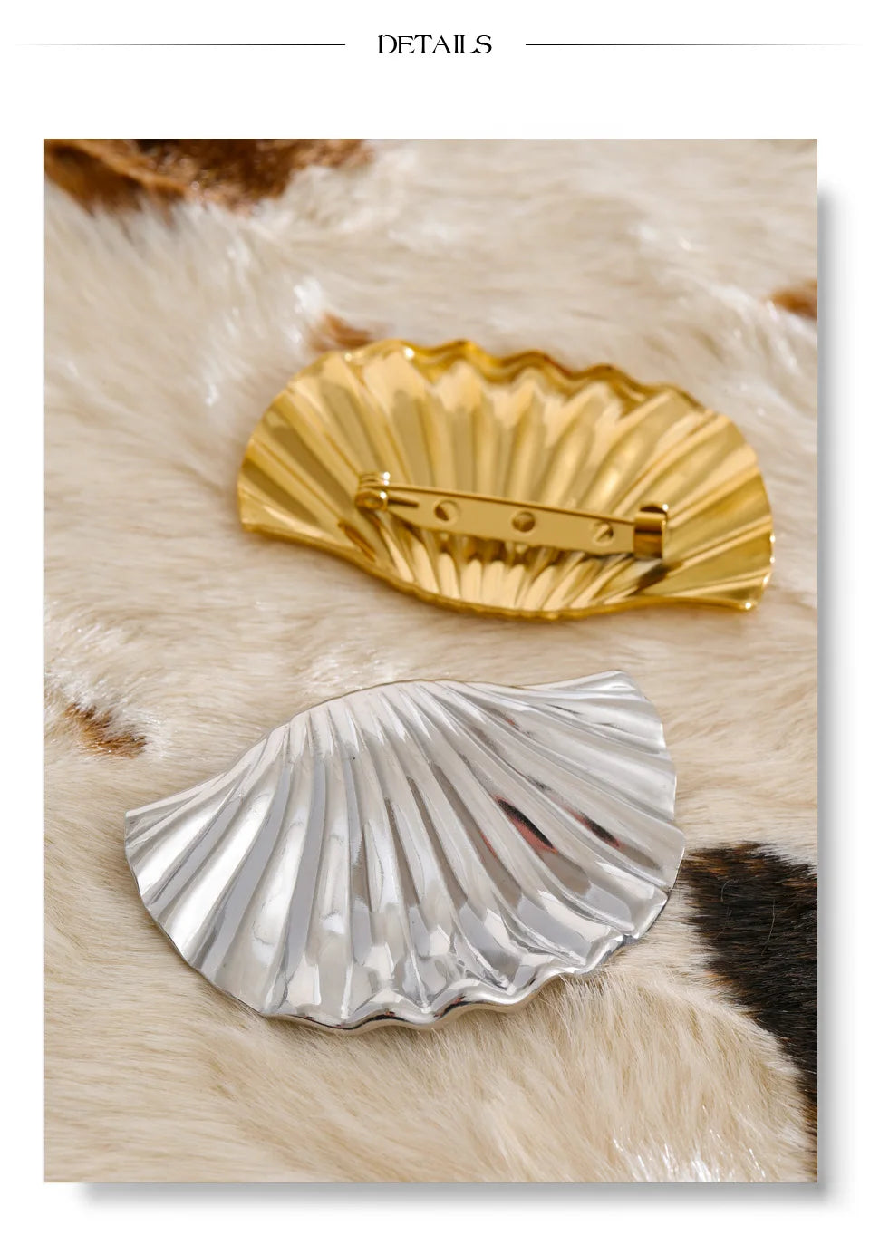 Shell geometric brooch in gold-plated stainless steel with shell.