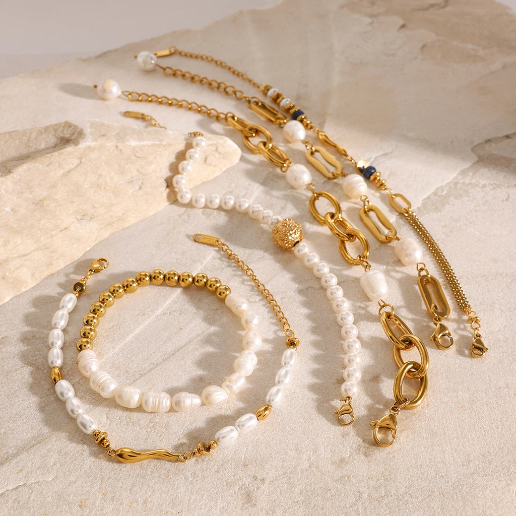 Pearl Chain Bracelet Stack — Stainless Steel · PS025