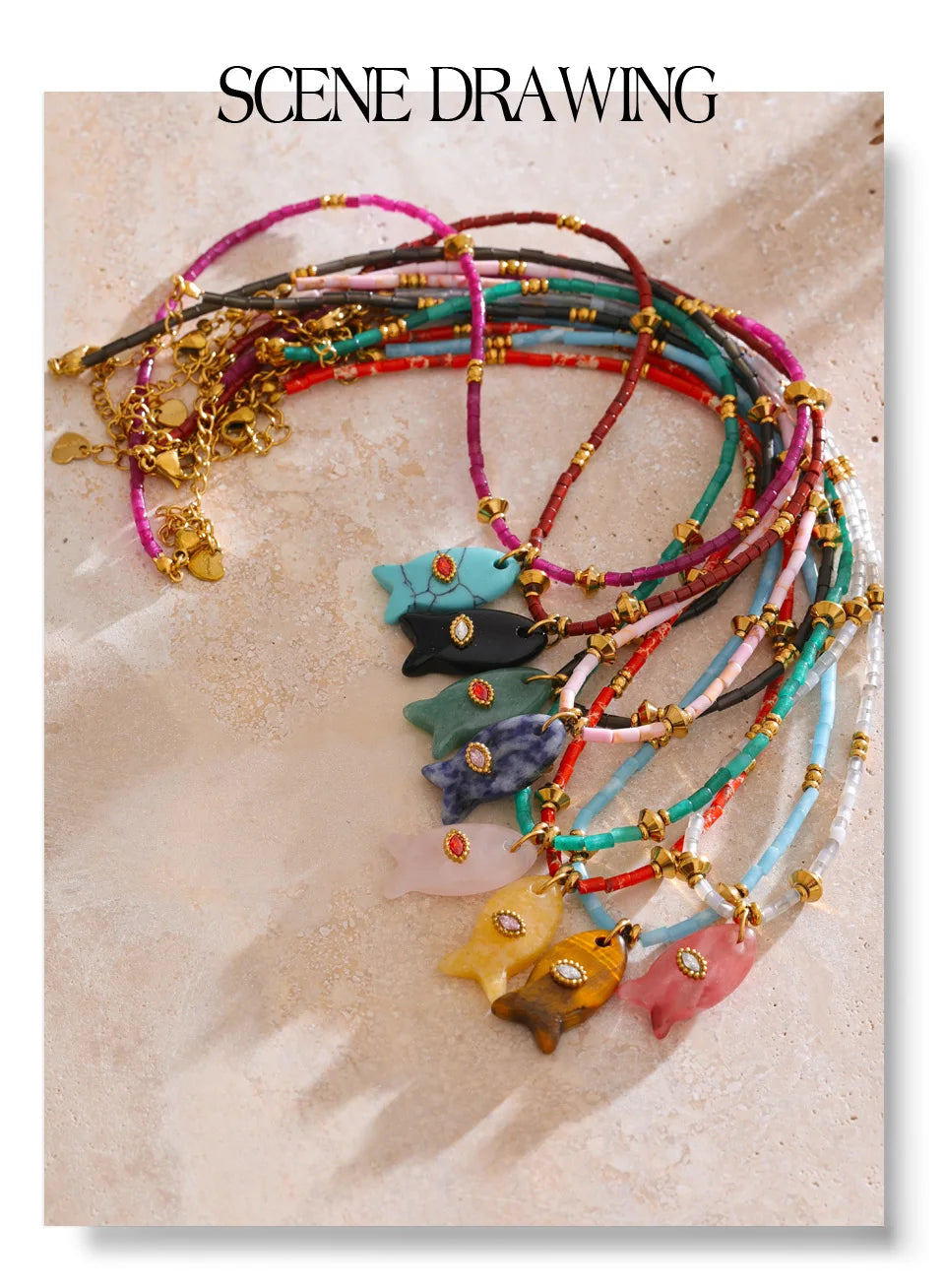 Natural stone geometric necklace in gold-plated stainless steel with natural stone.