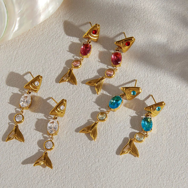 Fish Pendant CZ Earrings — Stainless Steel · PS305