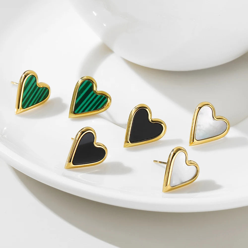 Stud Earrings Heart Vintage Green Natural Stone — 316L Stainless Steel · PS422