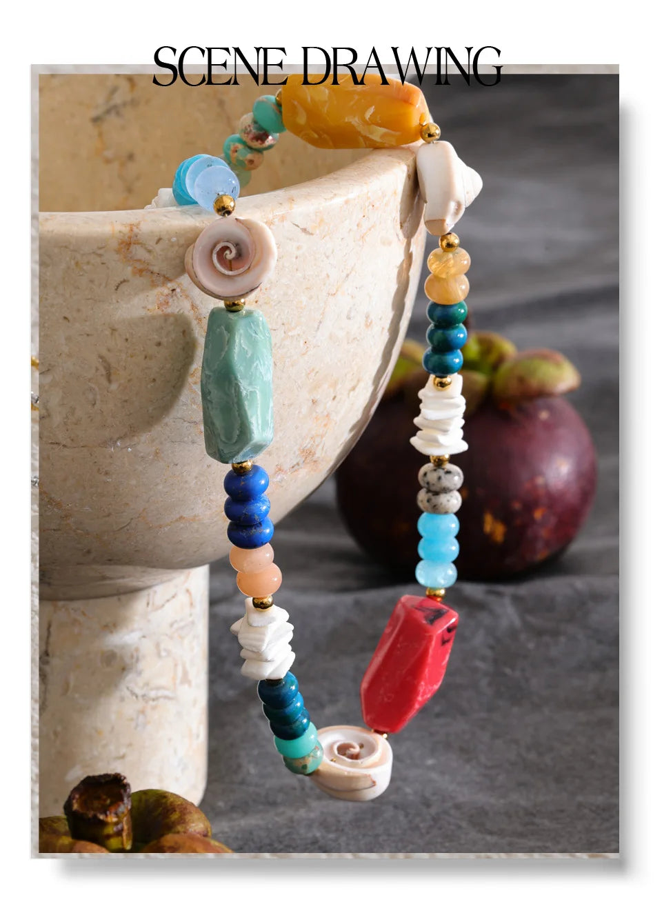 Shell resin natural stone necklace in gold-plated stainless steel with natural stone and shell.