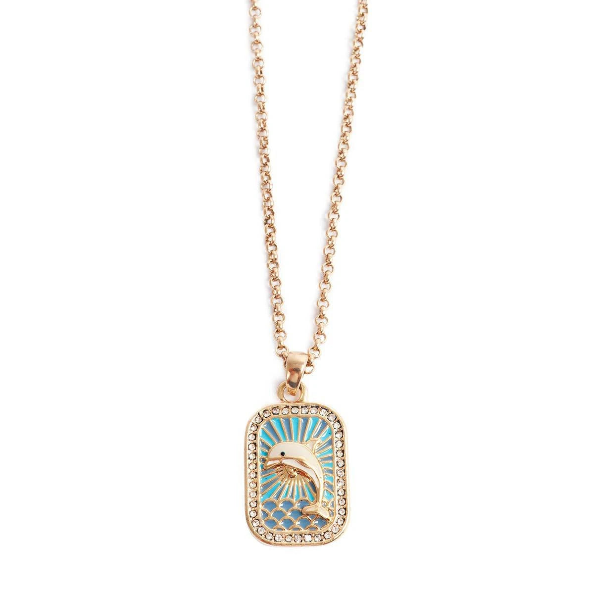 Colored Tarot Card Necklace Square Zirconia Pendant Seahorse Dolphin Brown Tree Marine Life Clavicle Chain Female