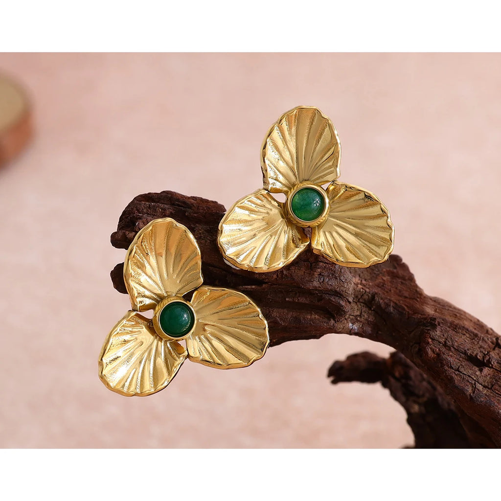 Stud Earrings Floral Vintage Natural Stone — 316L Stainless Steel · PS383