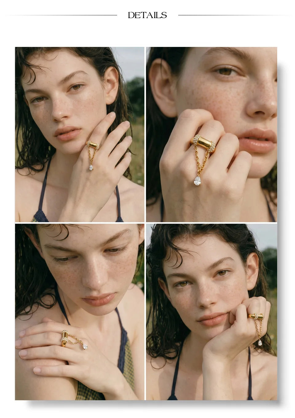 Cubic zirconia geometric chain ring in 18K gold-plated stainless steel with cubic zirconia.