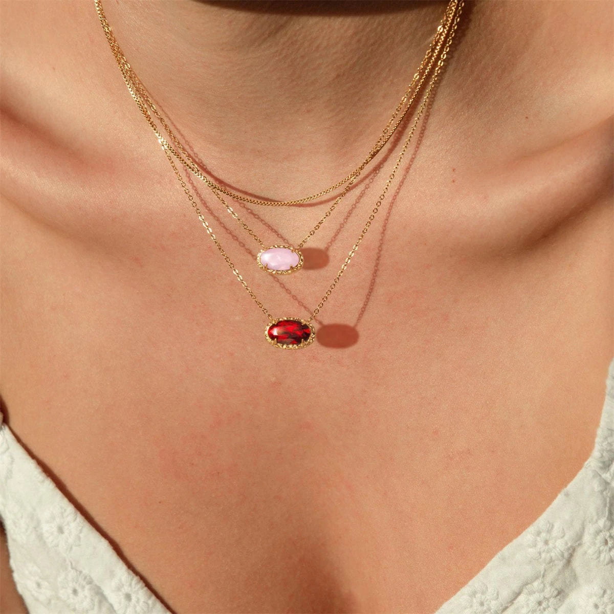 Colorful zircon necklace, natural stone, bone chain, oval, fashionable, popular, niche, personalized jewelry, gold-plated