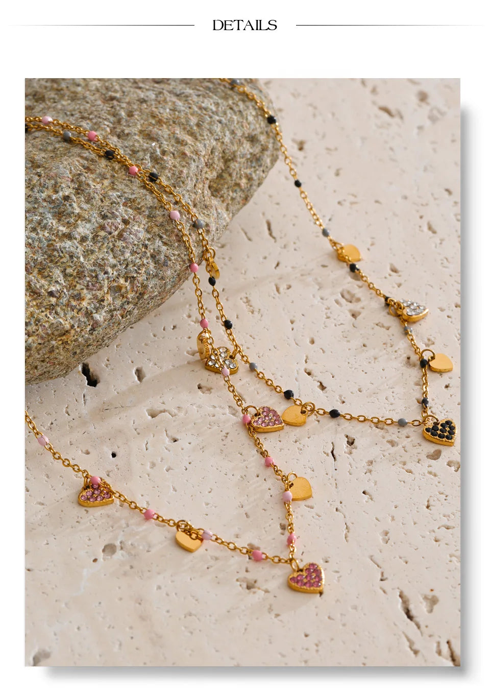 Crystal natural stone heart necklace in gold-plated stainless steel with natural stone and crystal.