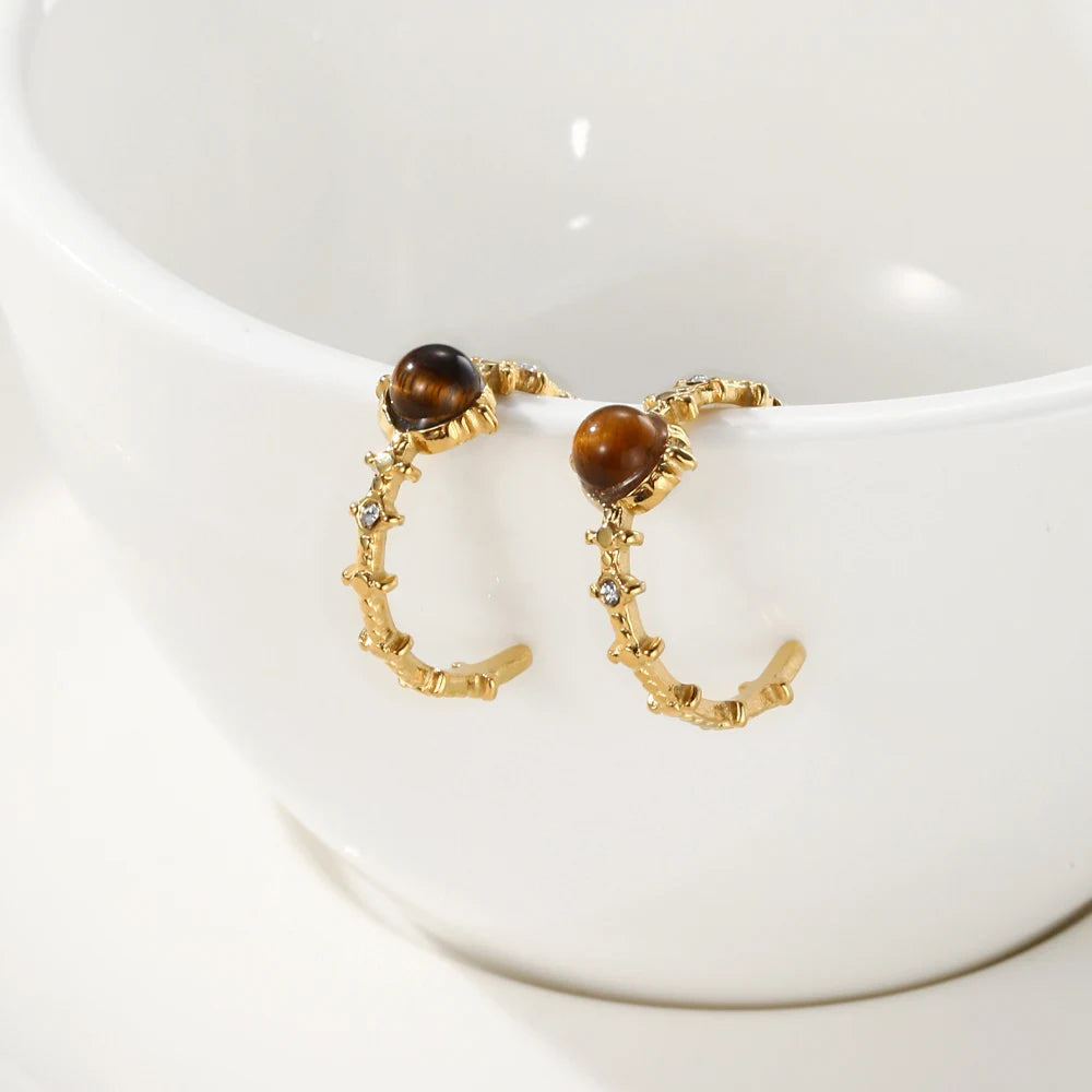 Hoop Earrings Amber Natural Stone Crystal Irregular — 316L Stainless Steel · PS480