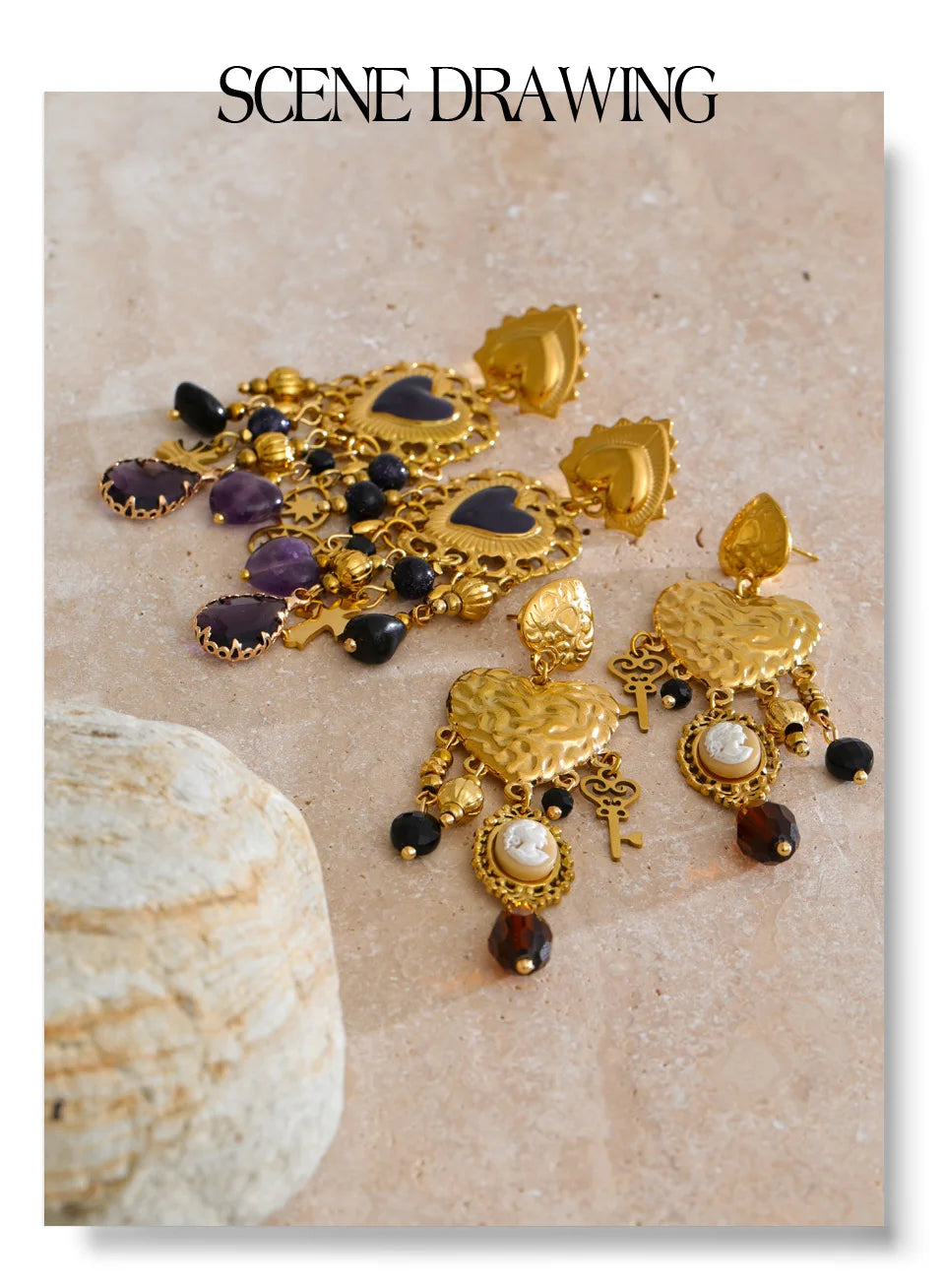 Resin Heart Cross Earrings — Gold-Plated Stainless Steel with Resin