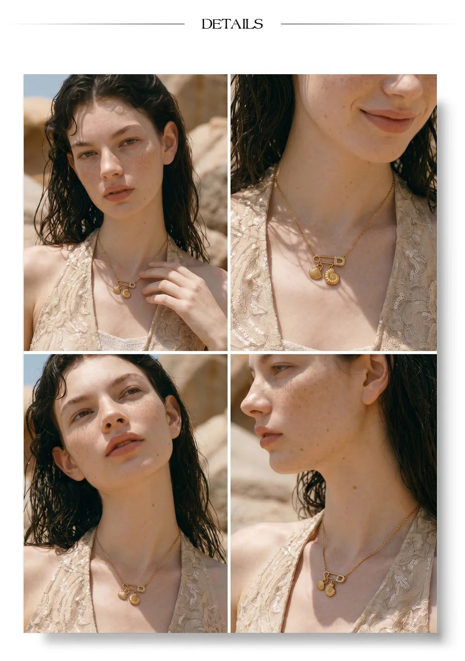 Cubic zirconia shell geometric necklace in gold-plated stainless steel with cubic zirconia and shell.