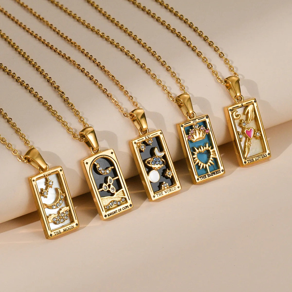 Zirconia Tarot Card Necklace Classic Tarot Queen Lover Magician Moon Wealth Amulet Stainless Steel Jewelry