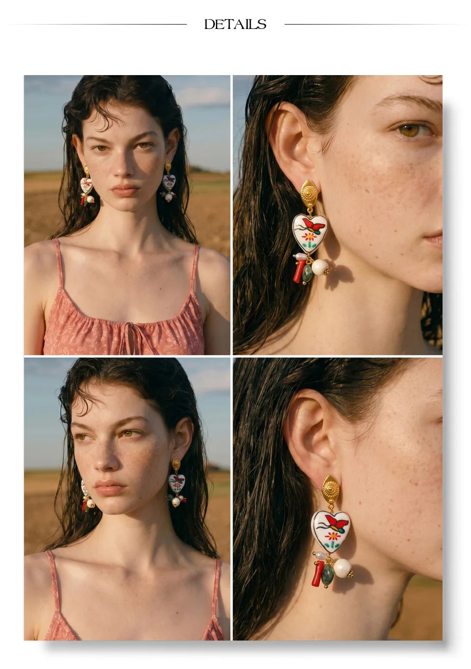 Pearl natural stone heart earrings in gold-plated stainless steel with pearl and natural stone.