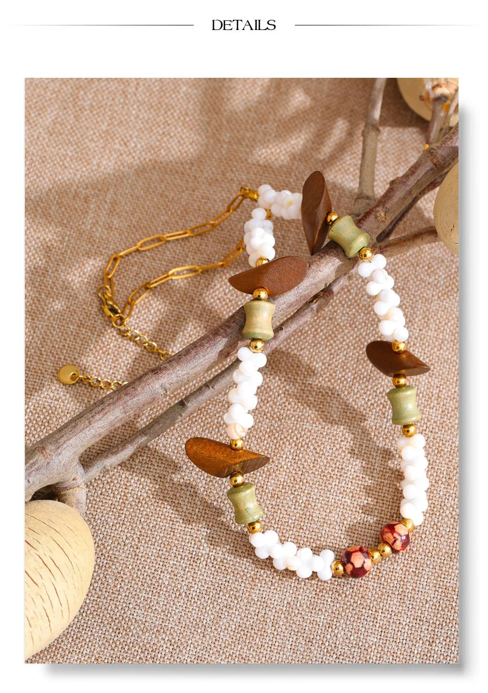 Shell beaded geometric necklace in gold-plated stainless steel with shell.