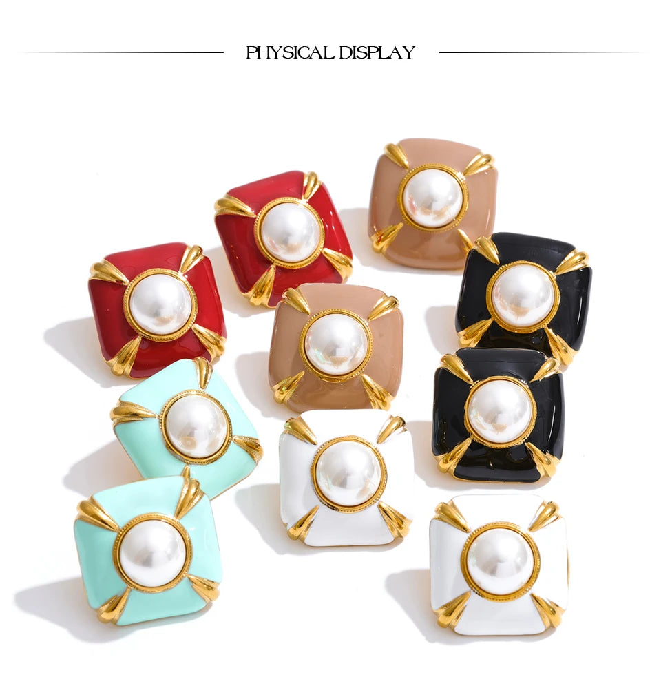 Pearl enamel multi-color earrings in gold-plated stainless steel with pearl and enamel.