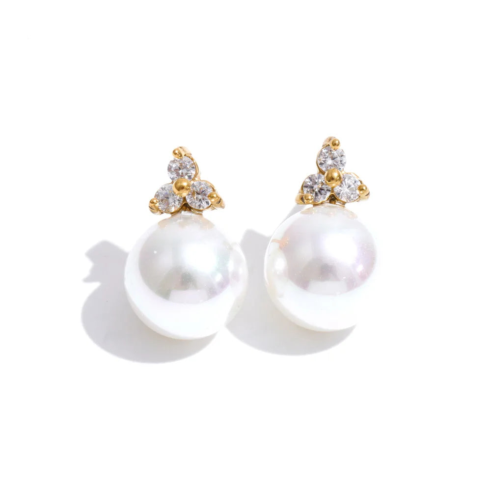 Cubic Zirconia Pearl Geometric Earrings — Gold-Plated Stainless Steel with Pearl and Cubic Zirconia · PS1862