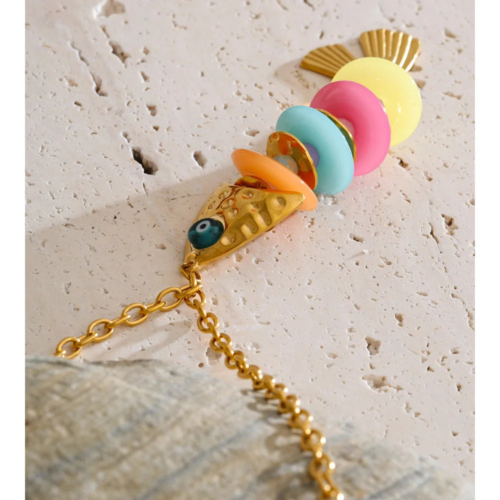 Resin Multi-Color Geometric Necklace — Gold-Plated Stainless Steel with Resin · PS2307