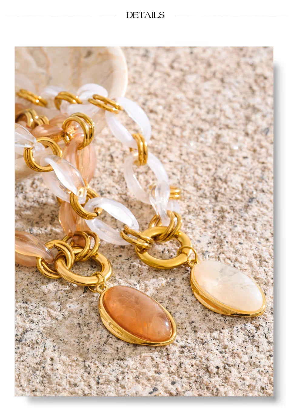 Resin acrylic geometric necklace in gold-plated stainless steel with resin and acrylic.
