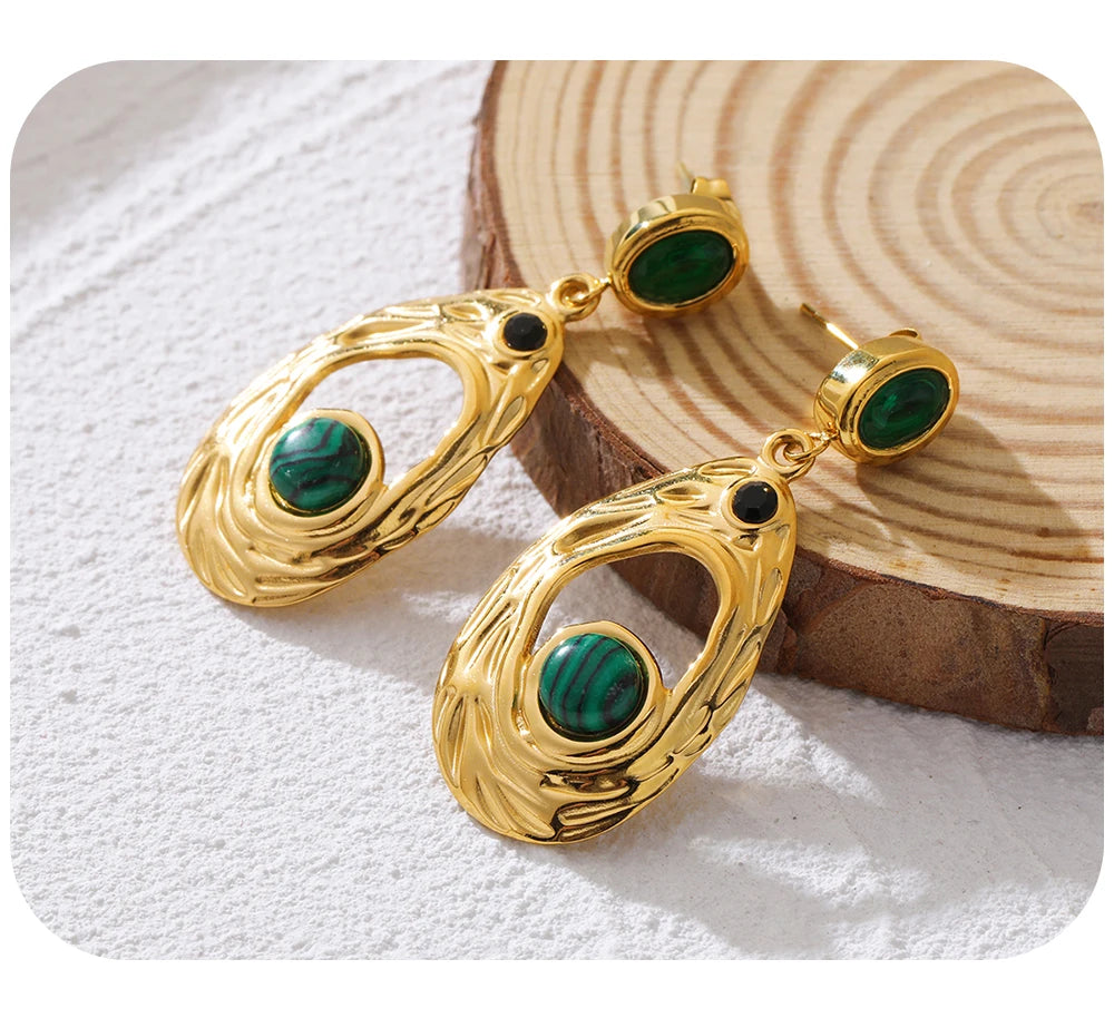 Drop Earrings Green Stone Zircon Irregular Dangle — 316L Stainless Steel · PS424