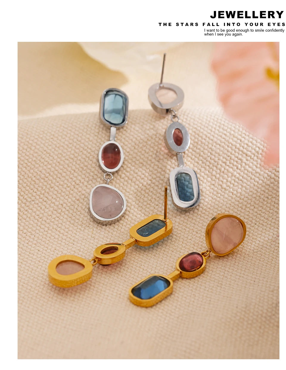 Natural stone geometric earrings in gold-plated 316L stainless steel with natural stone.