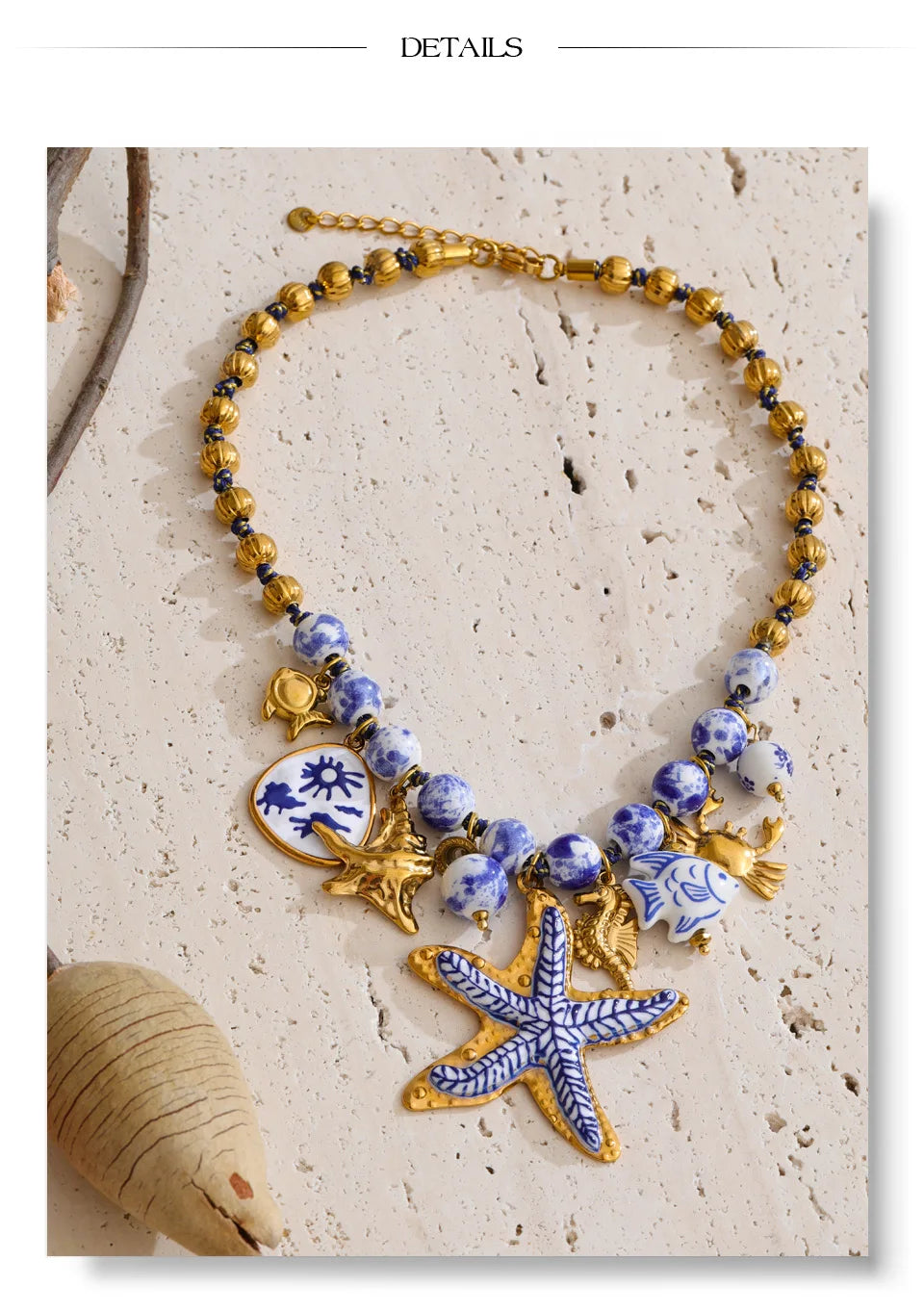 Star beaded geometric necklace in gold-plated stainless steel.