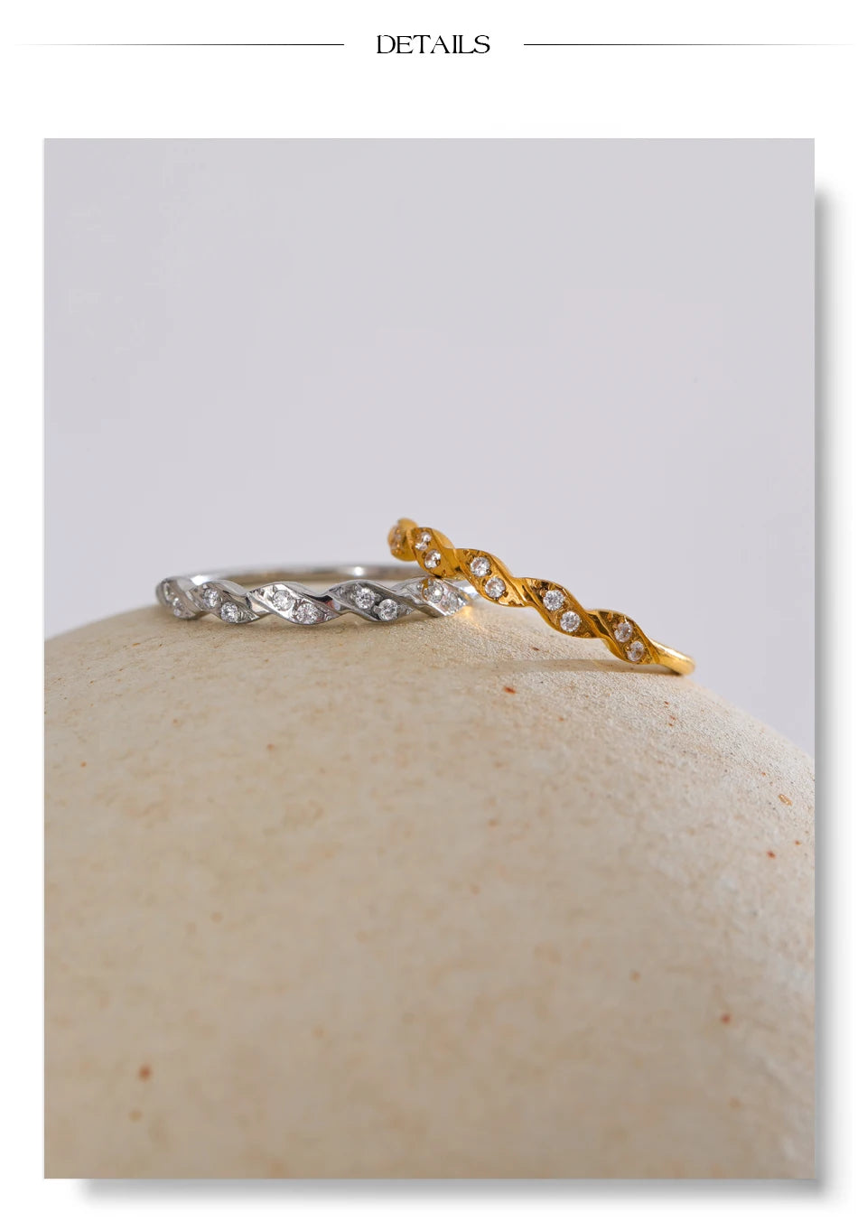Cubic zirconia geometric ring in gold-plated stainless steel with cubic zirconia.