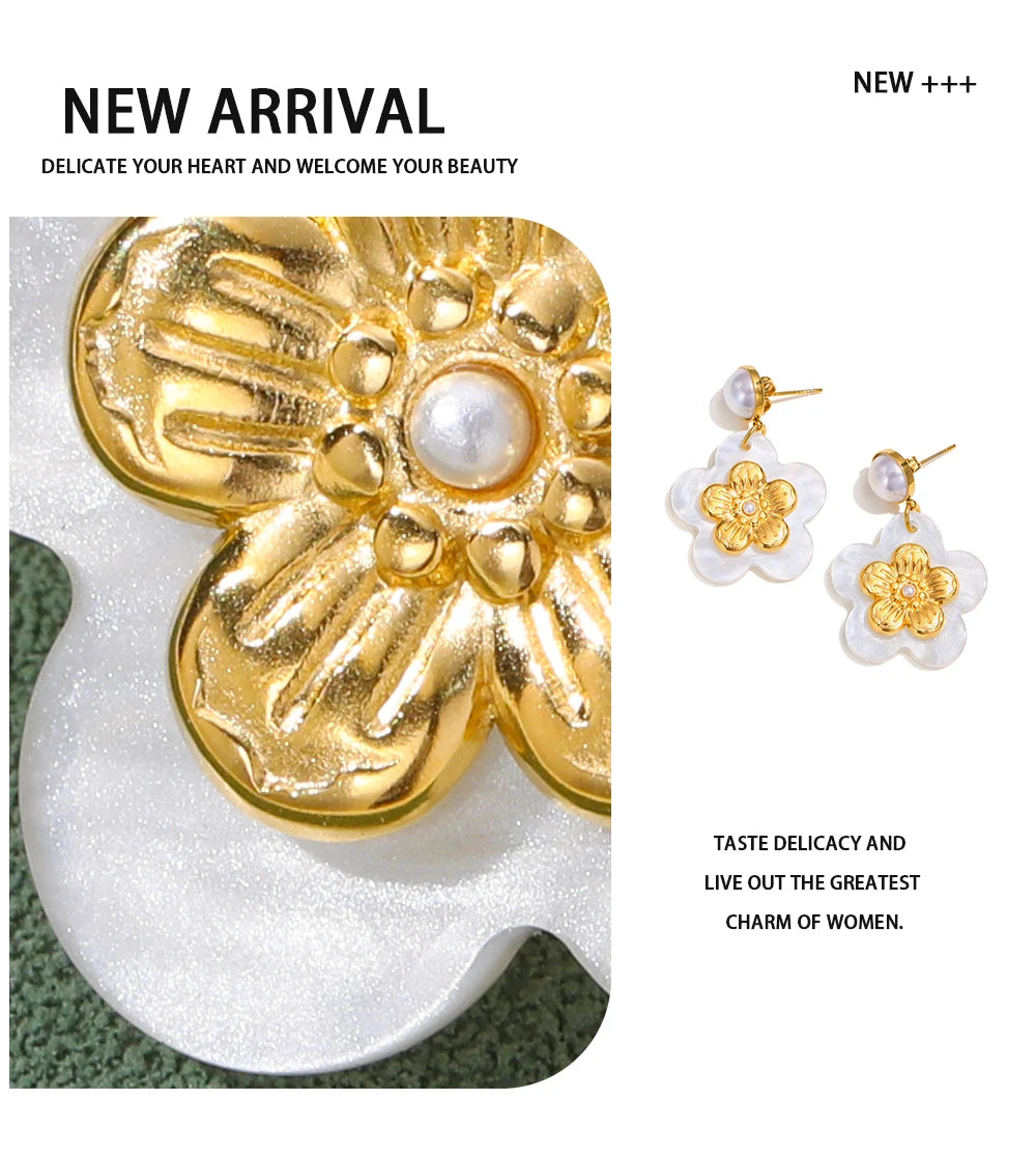 Drop Earrings Acrylic Flower Pearl — 316L Stainless Steel · PS391