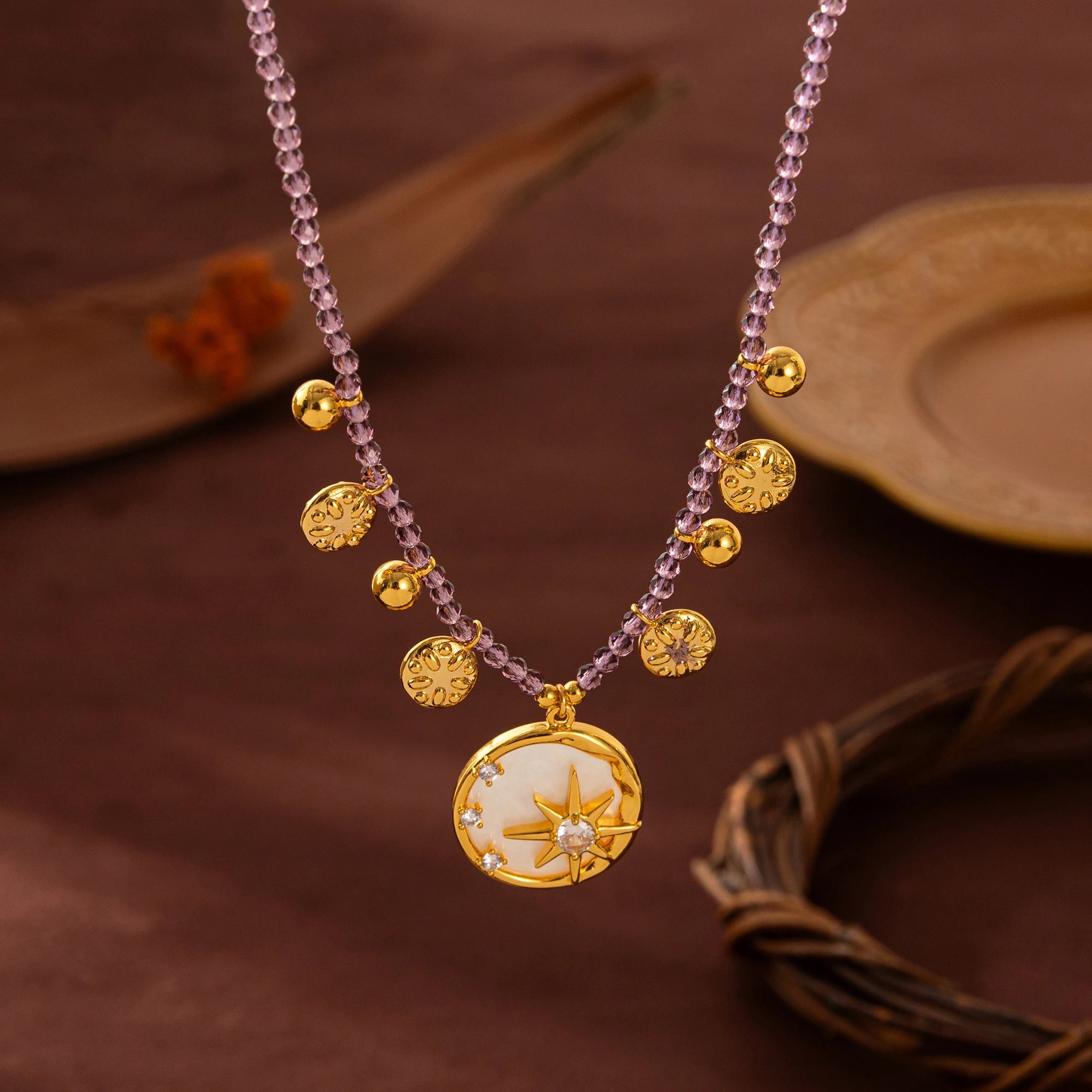 Stars, Radiance, Octagonal Stars, Moon, Colorful Beads, Necklace, Flowers, Purple, Diamonds, Dripping Oil