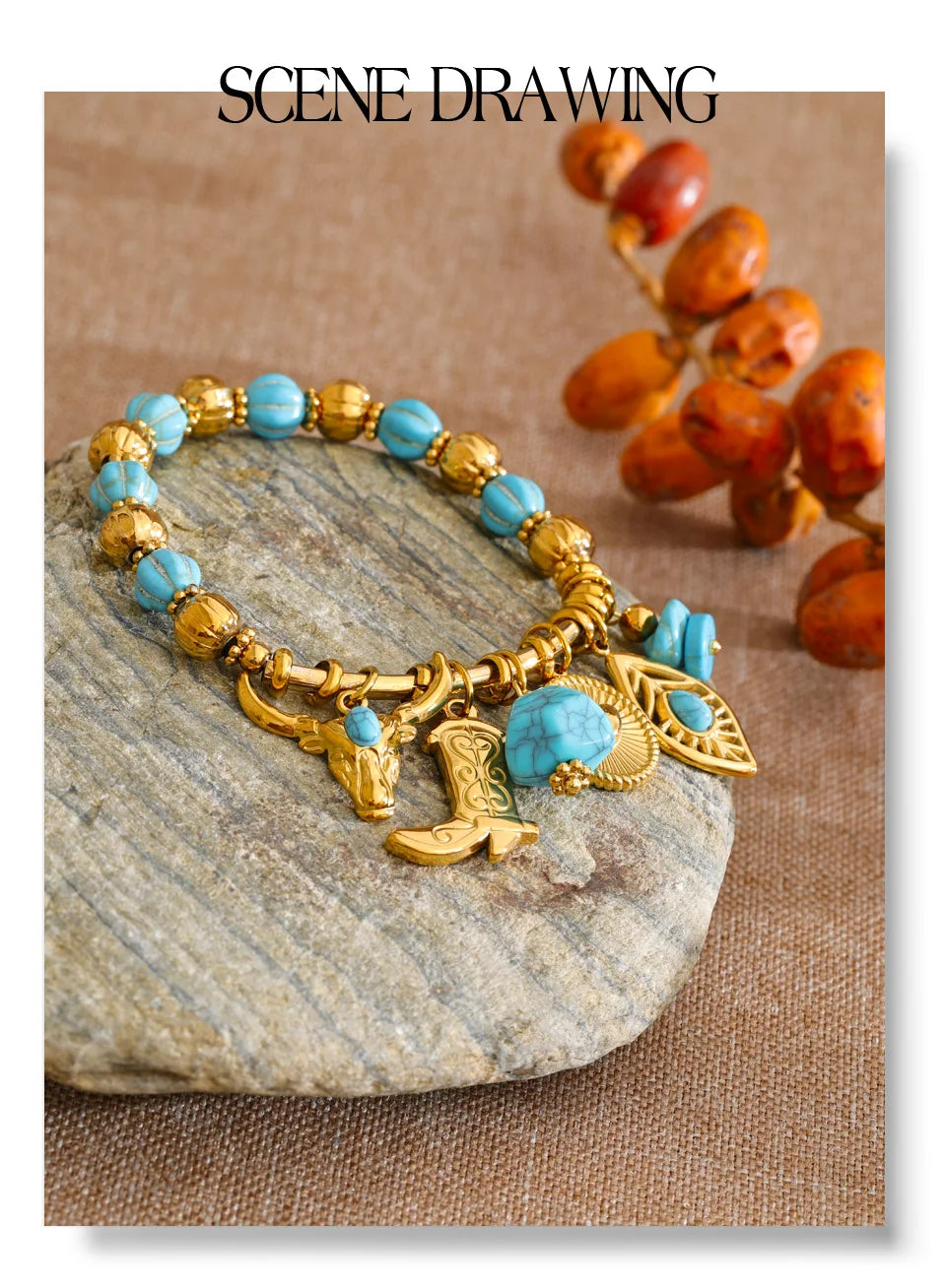 Natural stone heart beaded necklace in gold-plated stainless steel with natural stone.