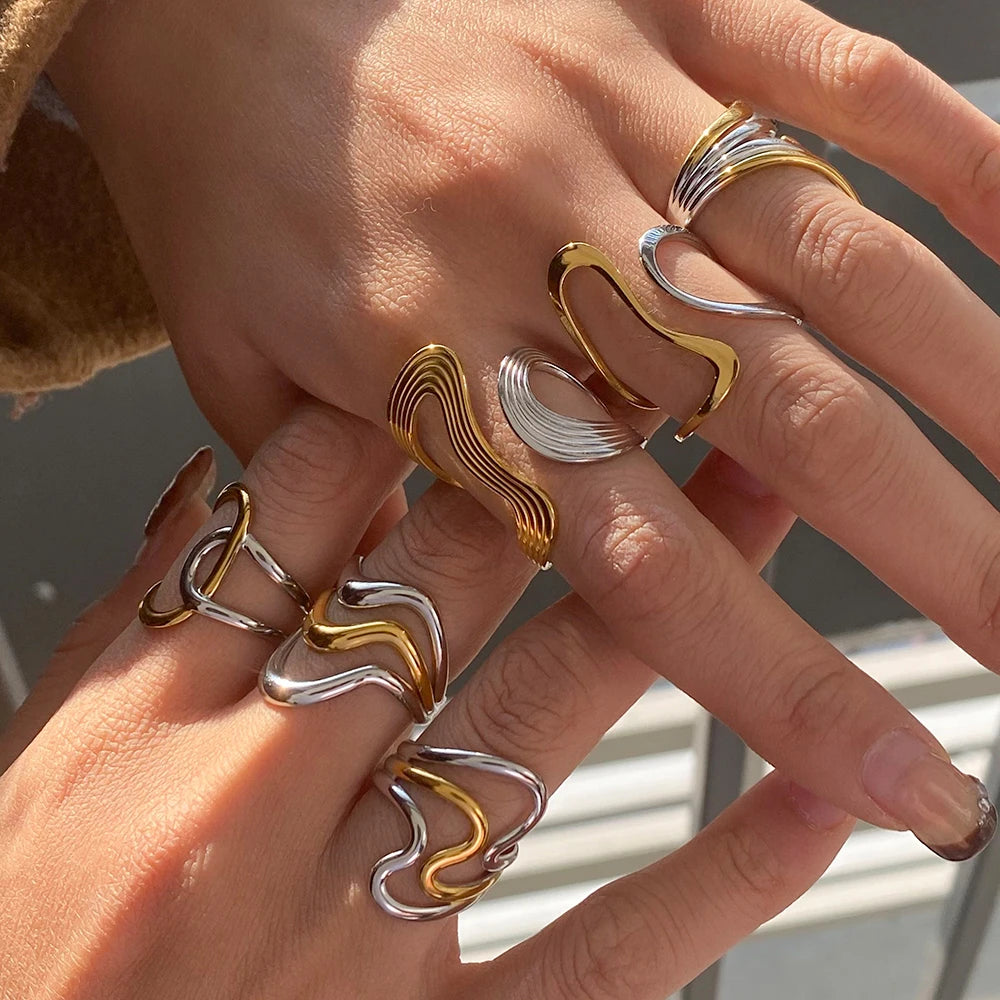 Wavy Statement Ring Stack — Stainless Steel · PS256