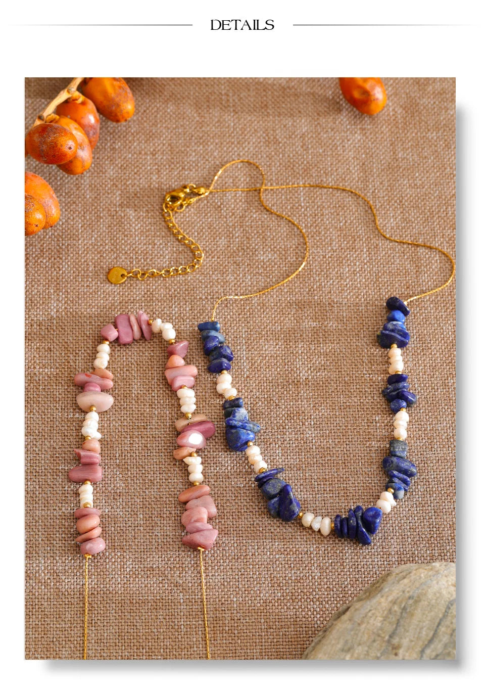 Pearl natural stone multi-color necklace in gold-plated stainless steel with pearl and natural stone.