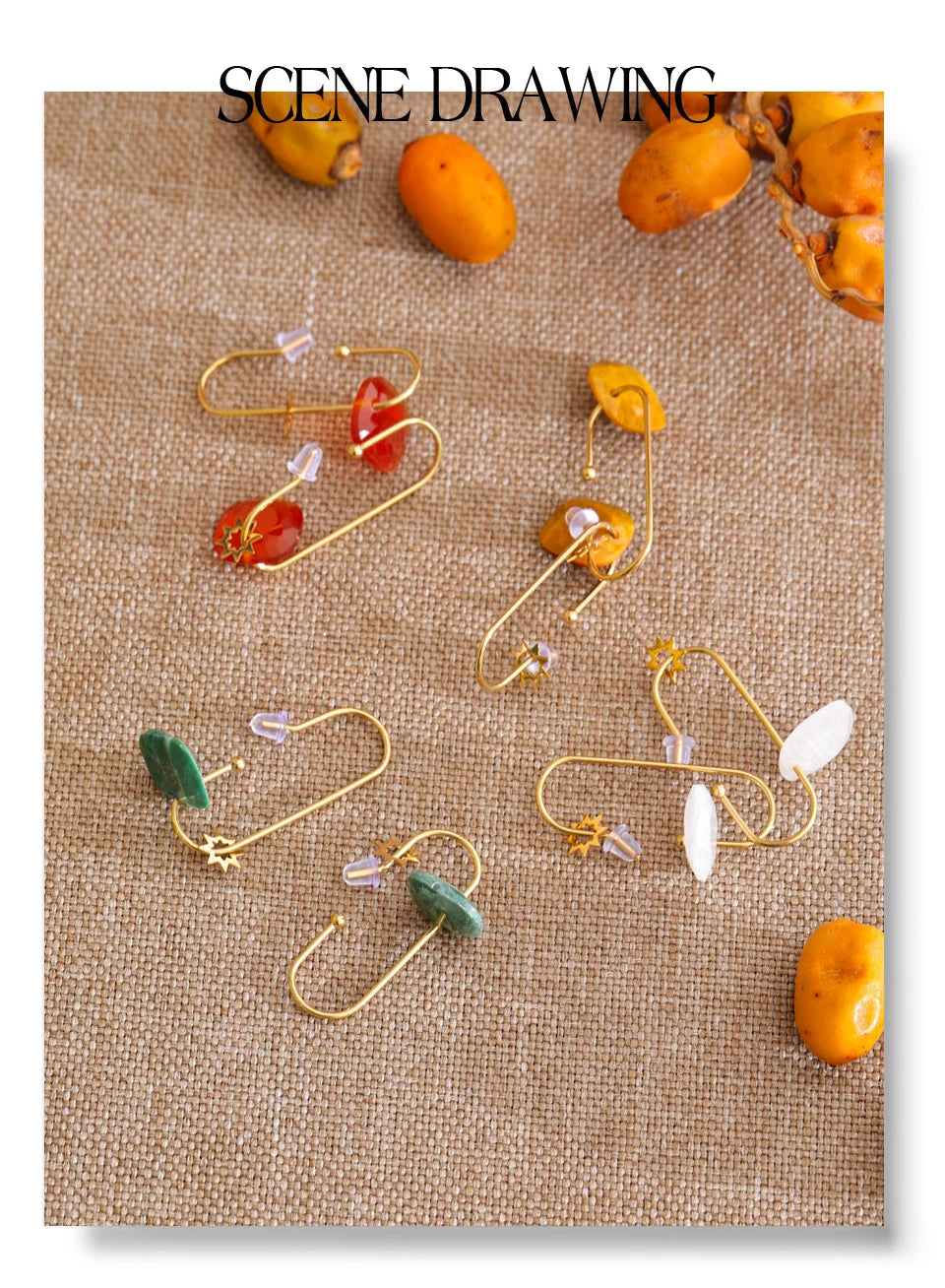 Natural stone geometric earrings in gold-plated stainless steel with natural stone.