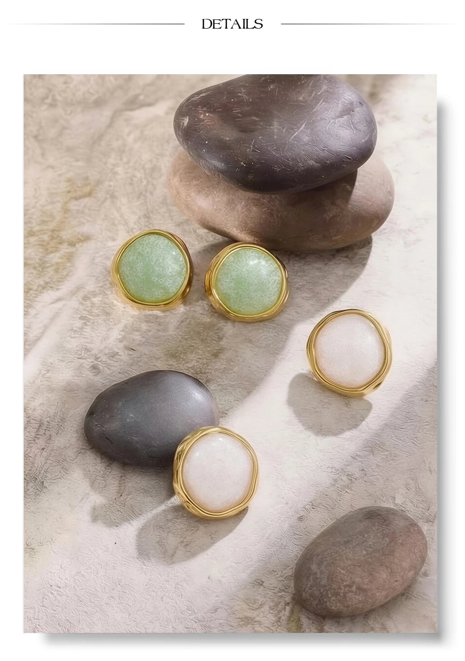 White resin acrylic earrings in gold-plated stainless steel with resin and acrylic.