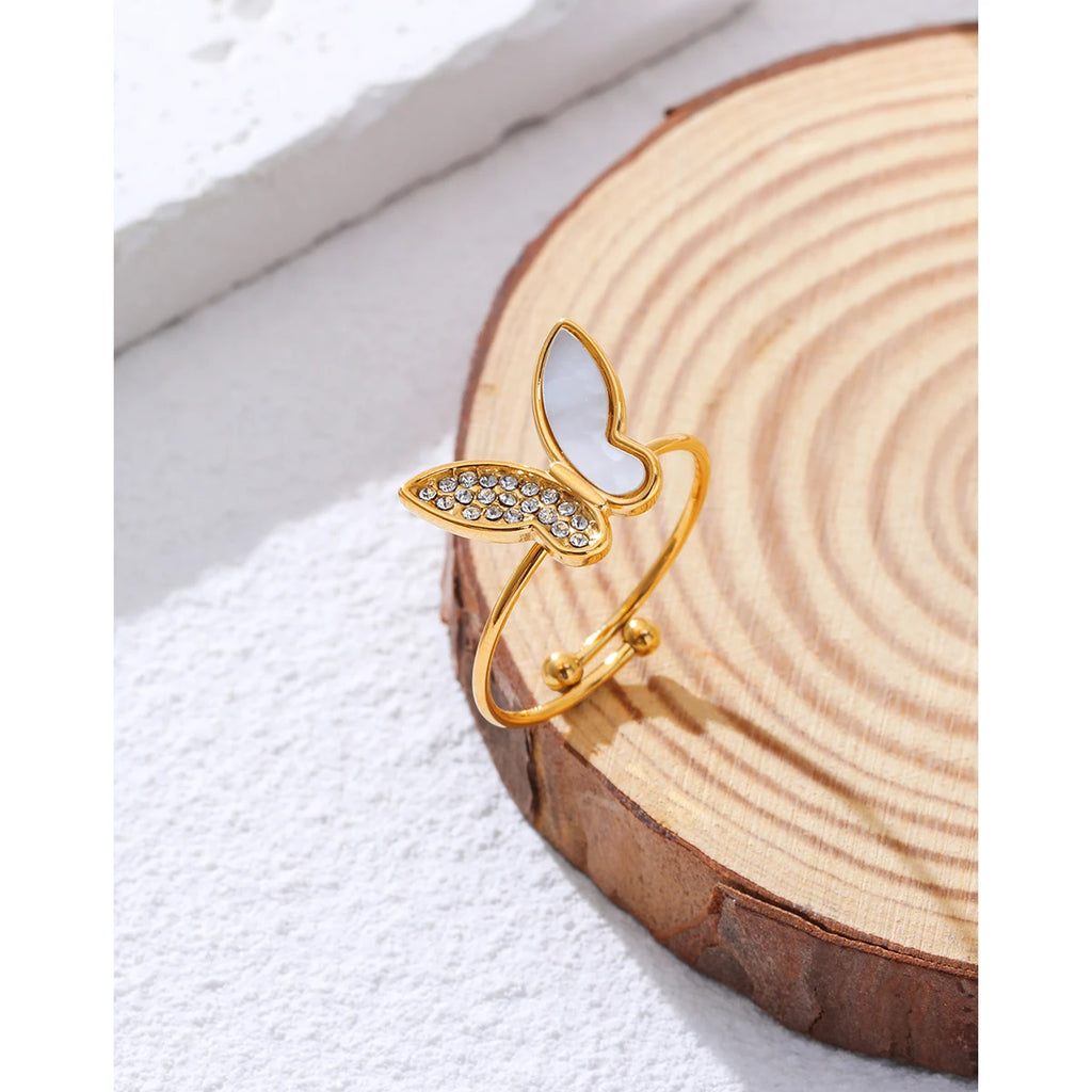 Butterfly Adjustable Ring Crystal Shell — 316L Stainless Steel · PS458