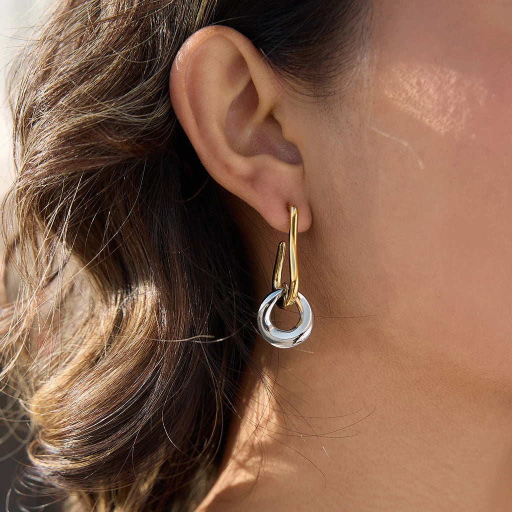 Two-Tone Circle Drop Earrings — Stainless Steel · PS119