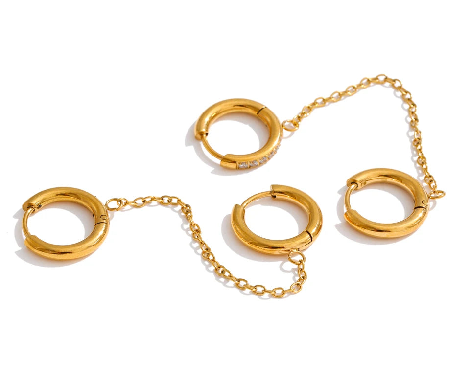 Cubic Zirconia Geometric Chain Earrings — Gold-Plated Stainless Steel with Cubic Zirconia · PS1462