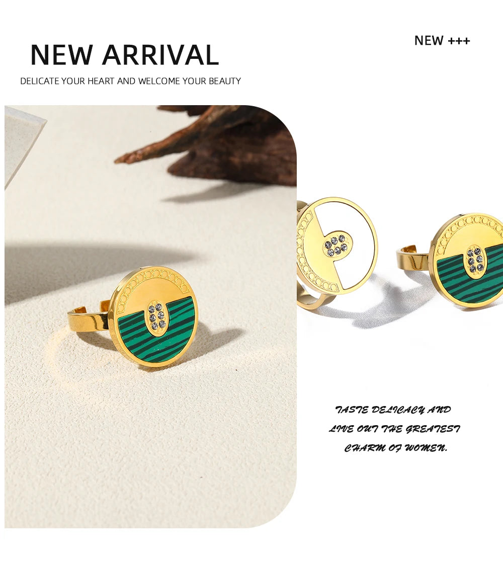 Geometric Ring Shell Malachite Zircon — 316L Stainless Steel · PS464
