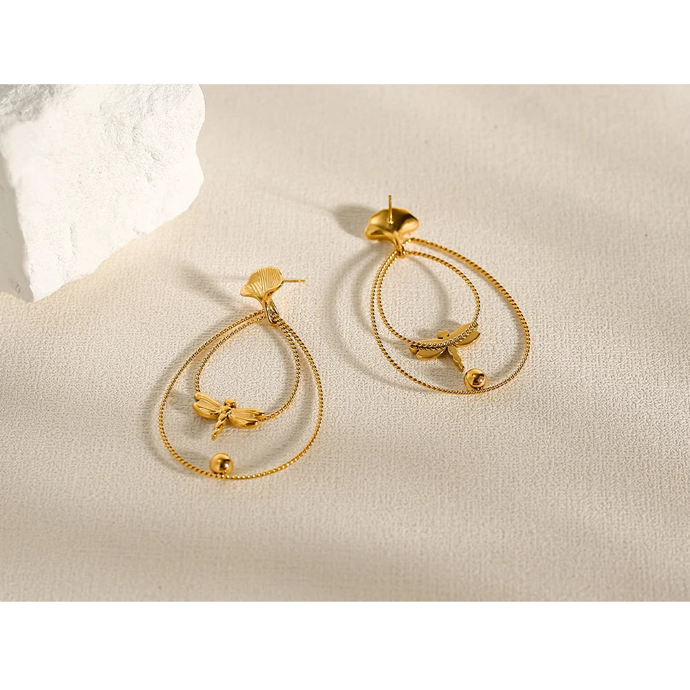 Drop Earrings Dragonfly Ginkgo Leaf — 316L Stainless Steel · PS395