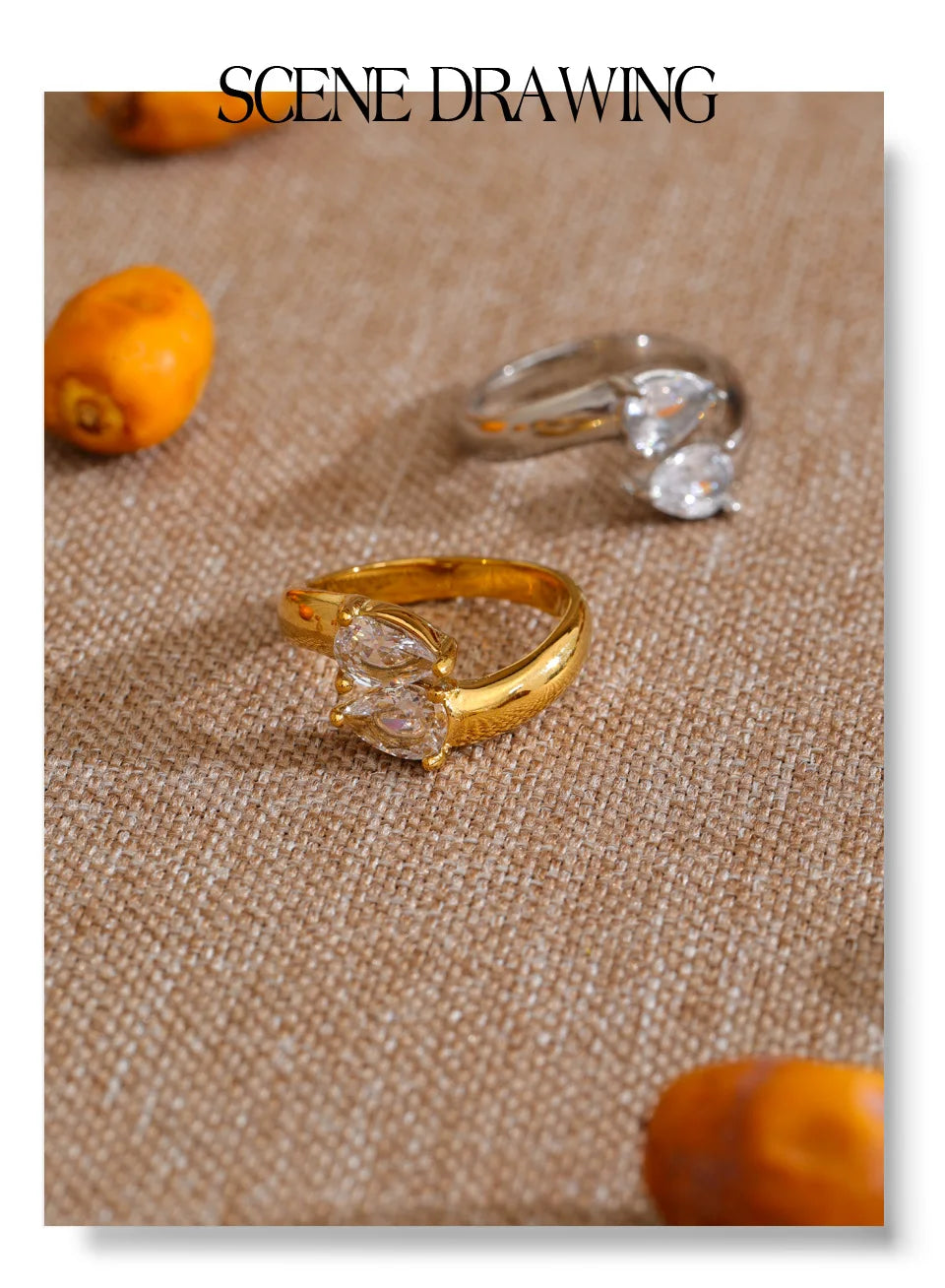 Cubic zirconia geometric ring in 18K gold-plated stainless steel with cubic zirconia.