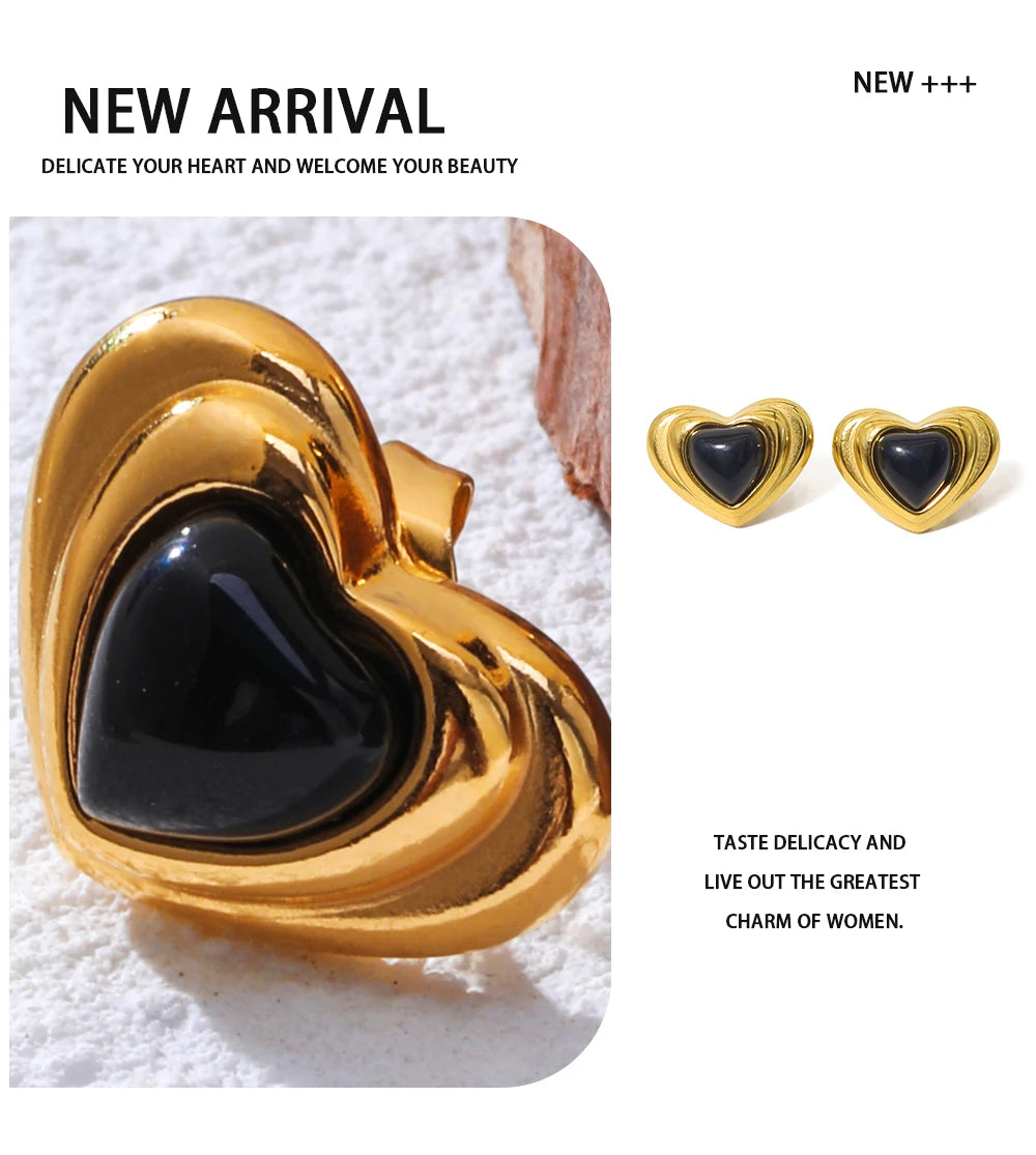 Stud Piercing Earrings Black Stone Heart — 316L Stainless Steel · PS453