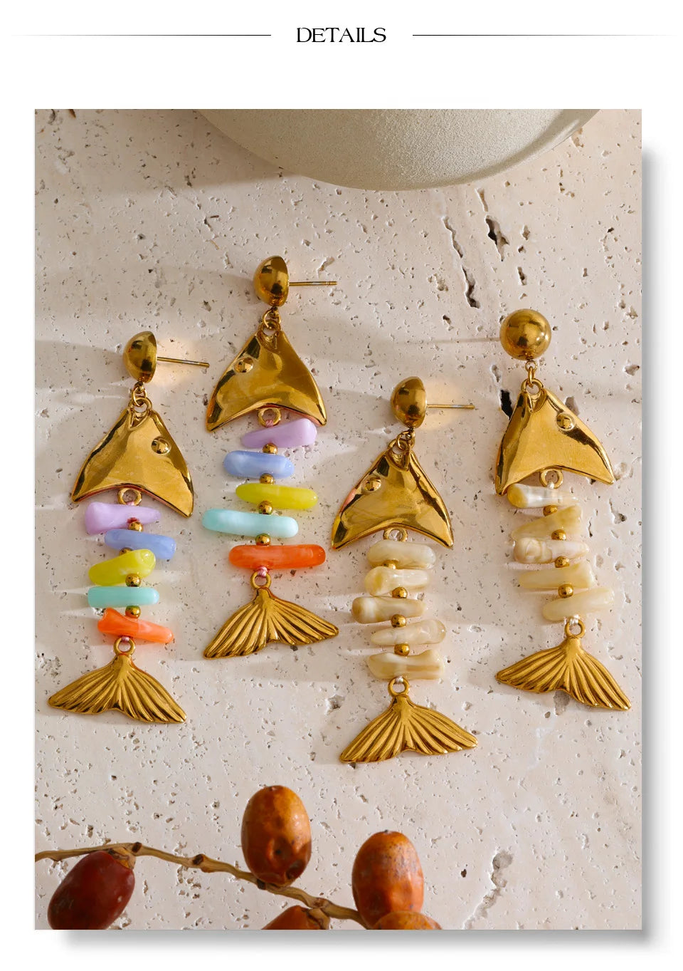 Resin multi-color geometric earrings in gold-plated stainless steel with resin.