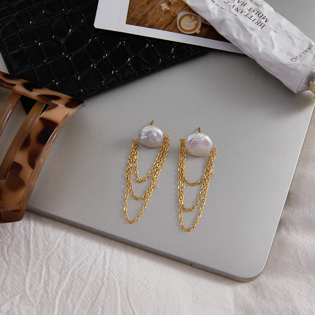 Pearl Chain Ear Cuff Earrings — Stainless Steel · PS084
