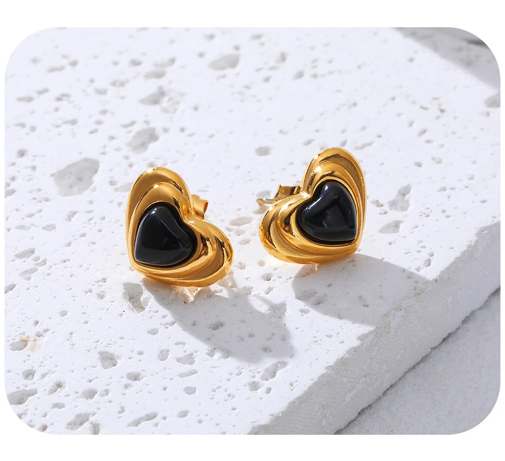 Stud Piercing Earrings Black Stone Heart — 316L Stainless Steel · PS453